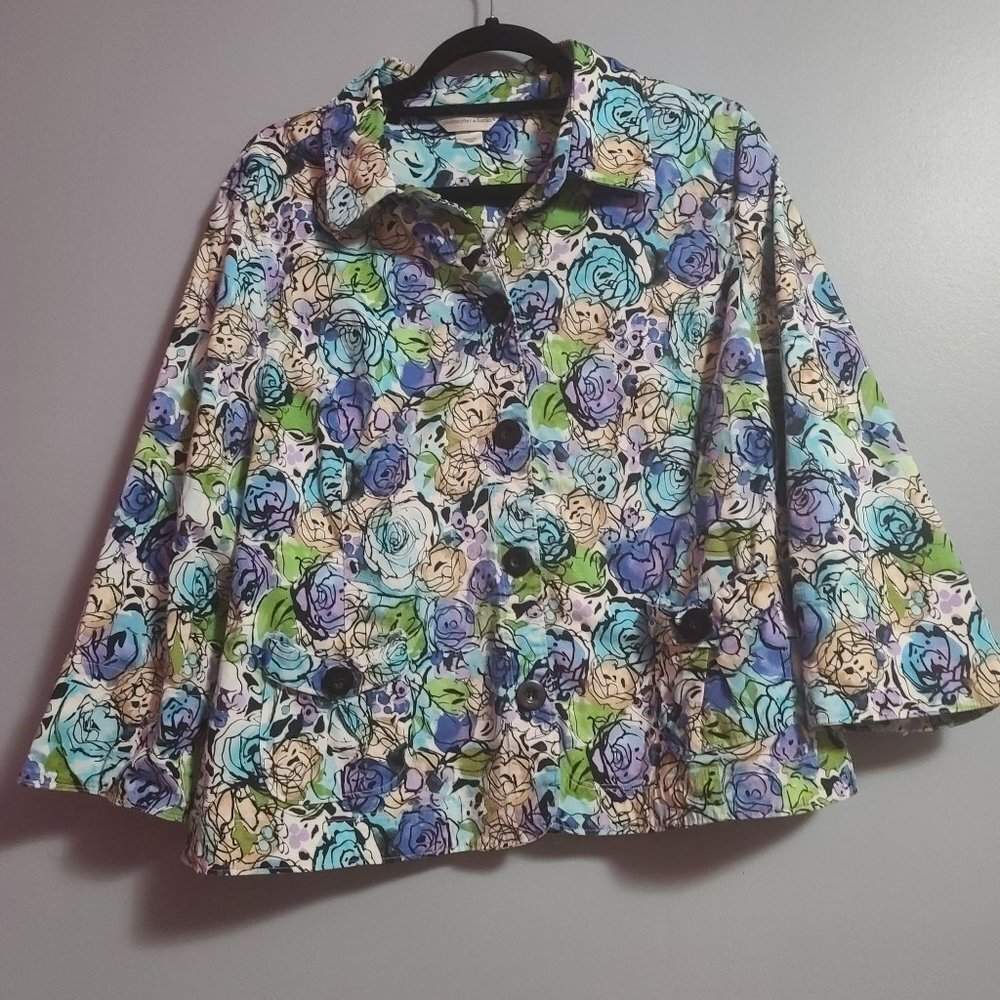 Christopher & Banks Large 3/4 sleeve jacket pastel floral button down